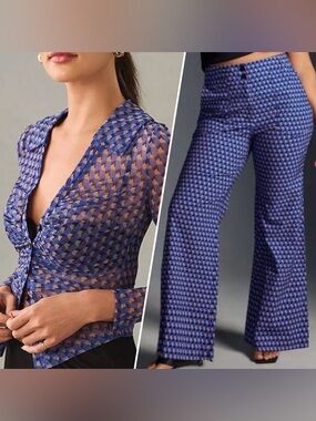 Anthropologie Sheer Ruched Buttondown Blouse & Naomi Pants In Geometric Blue